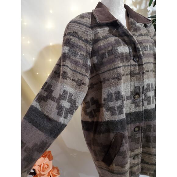 L.L. Bean Vintage Aztec Southwestern Wool Leather Blanket Jacket Womens Size L - Picture 5 of 12